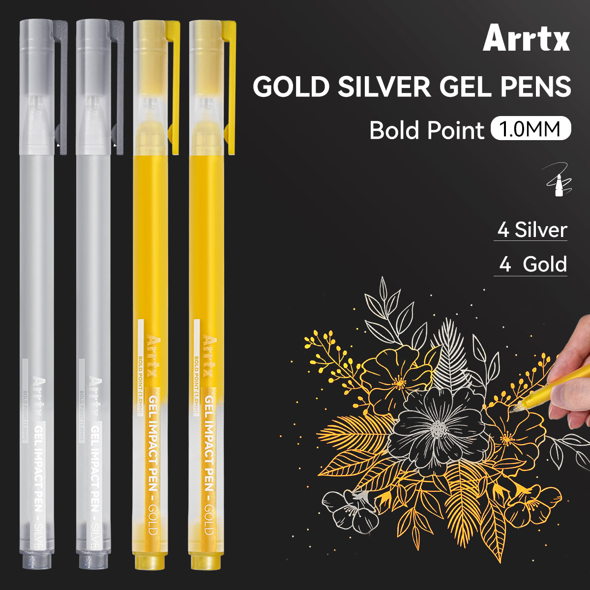 Arrtx Gel Pens Gold & Silver Color 8 Pack Large Capacity White Ink Pens