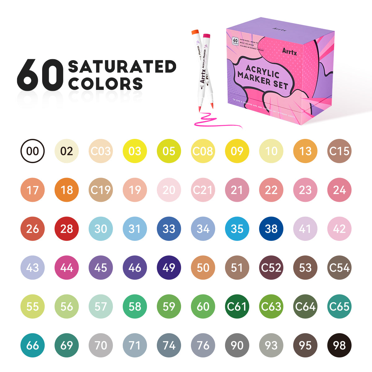 Arrtx 60B Acrylic Paint Markers Anime Colors Brush Tip