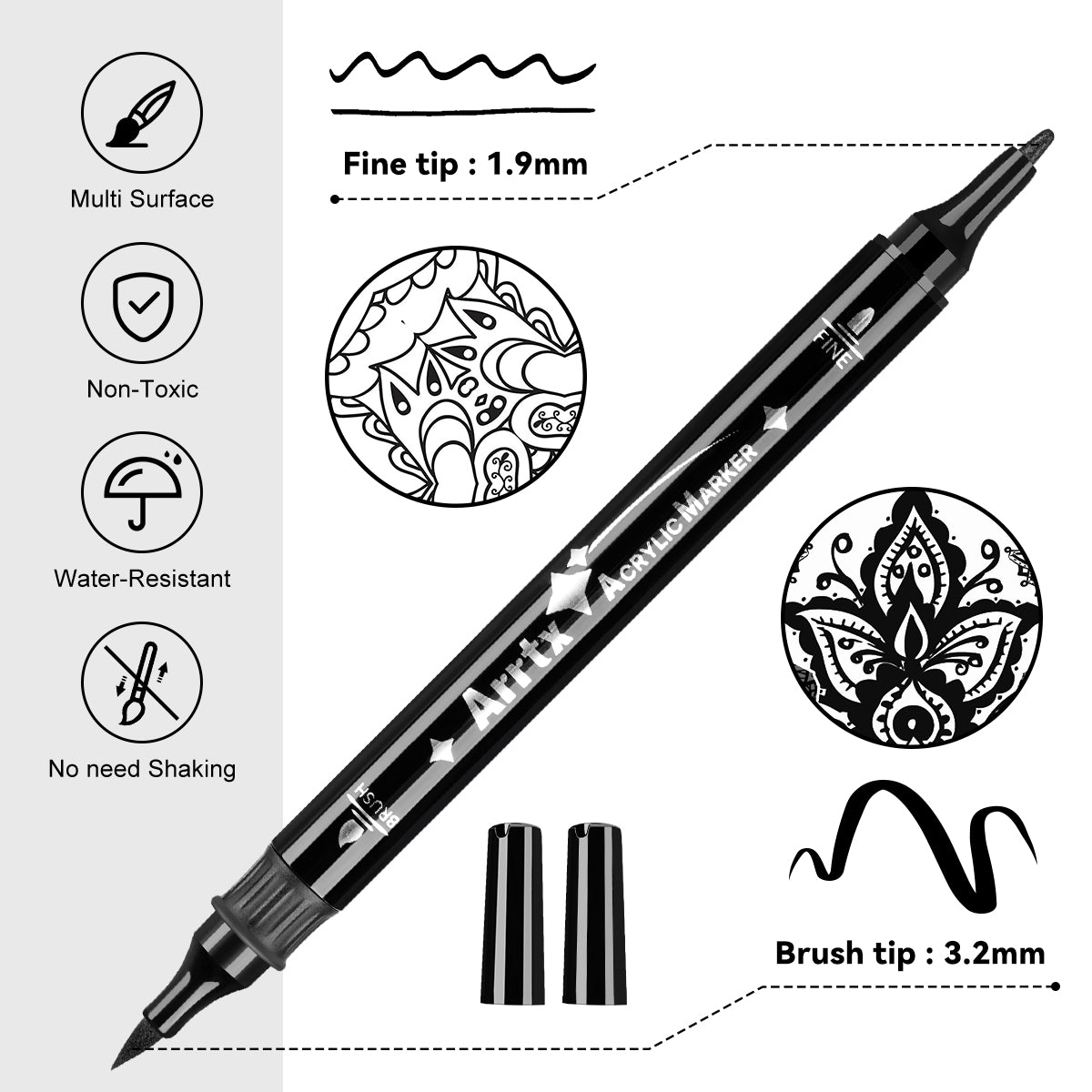 Arrtx 8 Pack Black Colors Acrylic Paint Marker Dual Tip